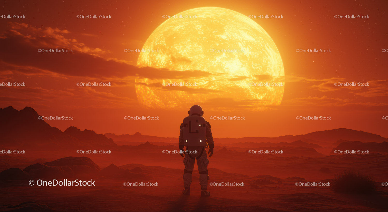 Astronaut Standing on Alien Planet with Large Sun Setting Behind
