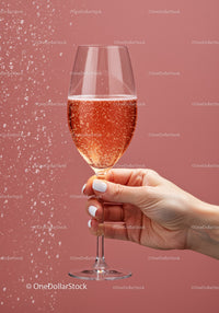 Hand Holding Sparkling Rosé Wine Glass Against Pink Wall