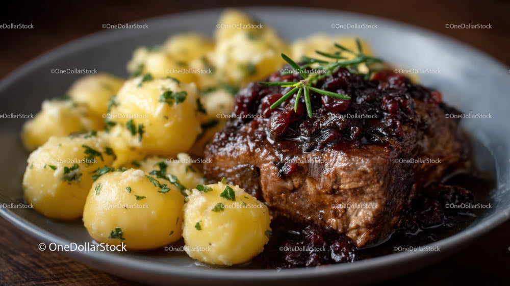 Gourmet Beef Steak with Mashed Potatoes and Herb Garnish