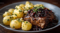Gourmet Beef Steak with Mashed Potatoes and Herb Garnish