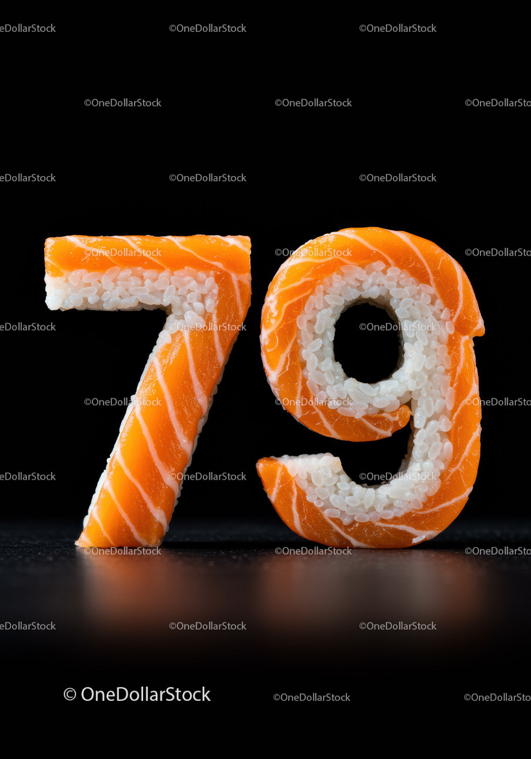 Liczby 7 i 9 uformowane z ryżu sushi z łososiem