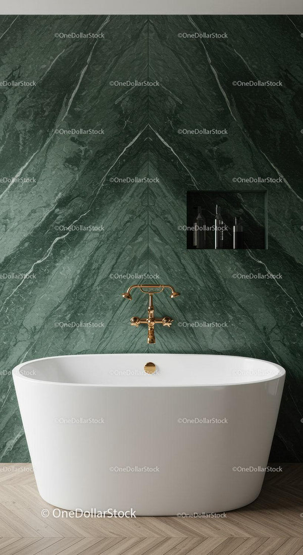 Luxurious Green Marble Wall Bathroom with Modern White Bathtub