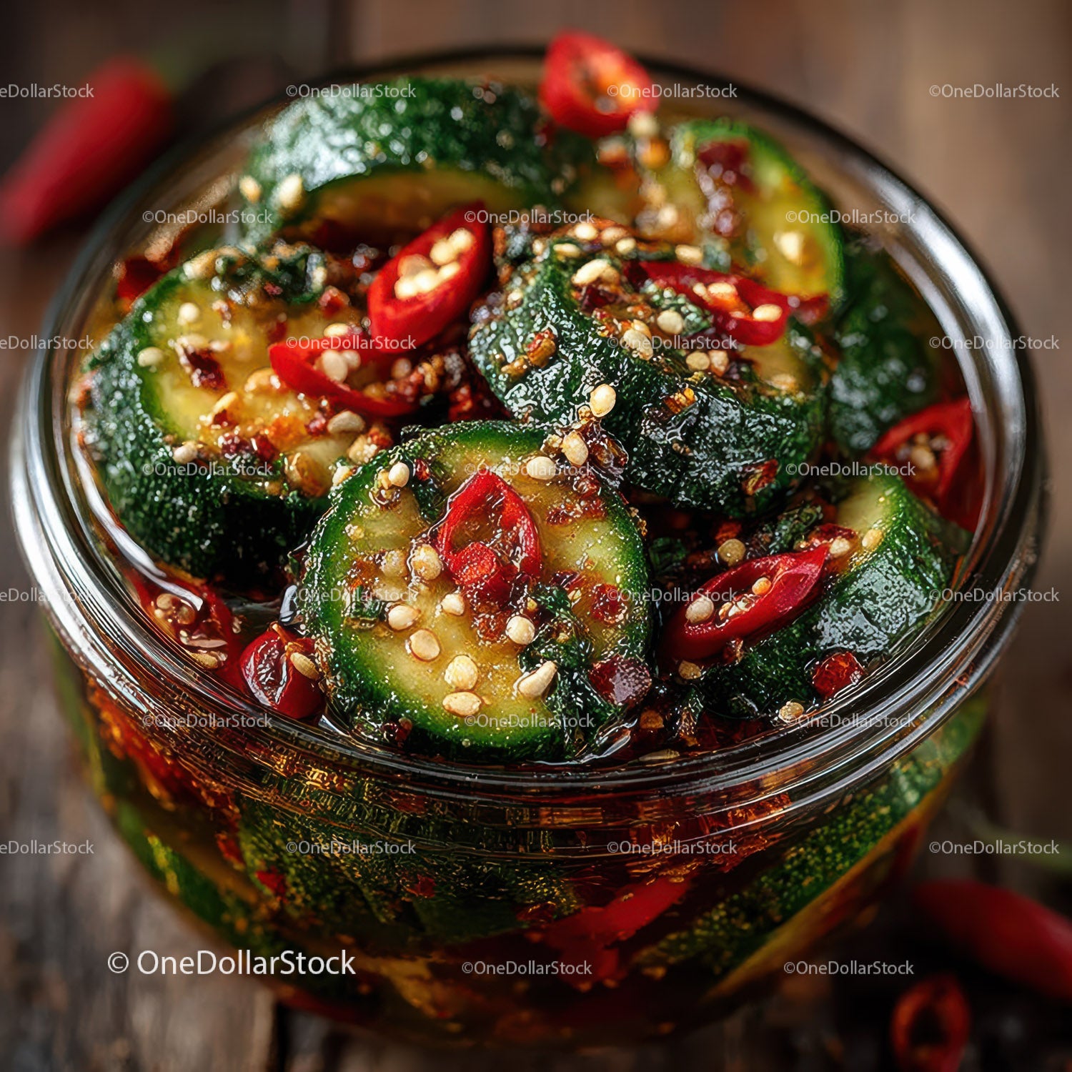 Spicy Cucumber and Chili Veggie Salad in a Glass Jar