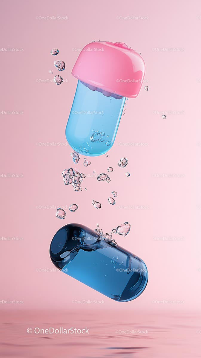Colorful Capsule Pills Floating and Falling with Water Splash