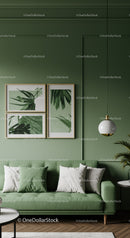 Green Living Room with Botanical Wall Art and Cozy Sofa