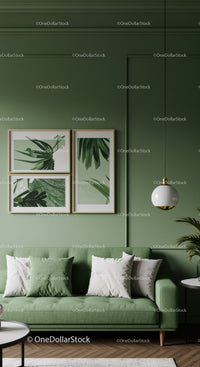 Green Living Room with Botanical Wall Art and Cozy Sofa