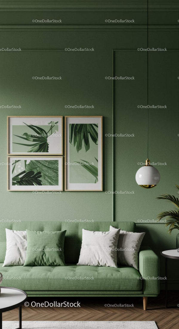 Green Living Room with Botanical Wall Art and Cozy Sofa