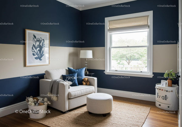 Modern Living Room with Navy Blue and Beige Walls and Cozy Decor