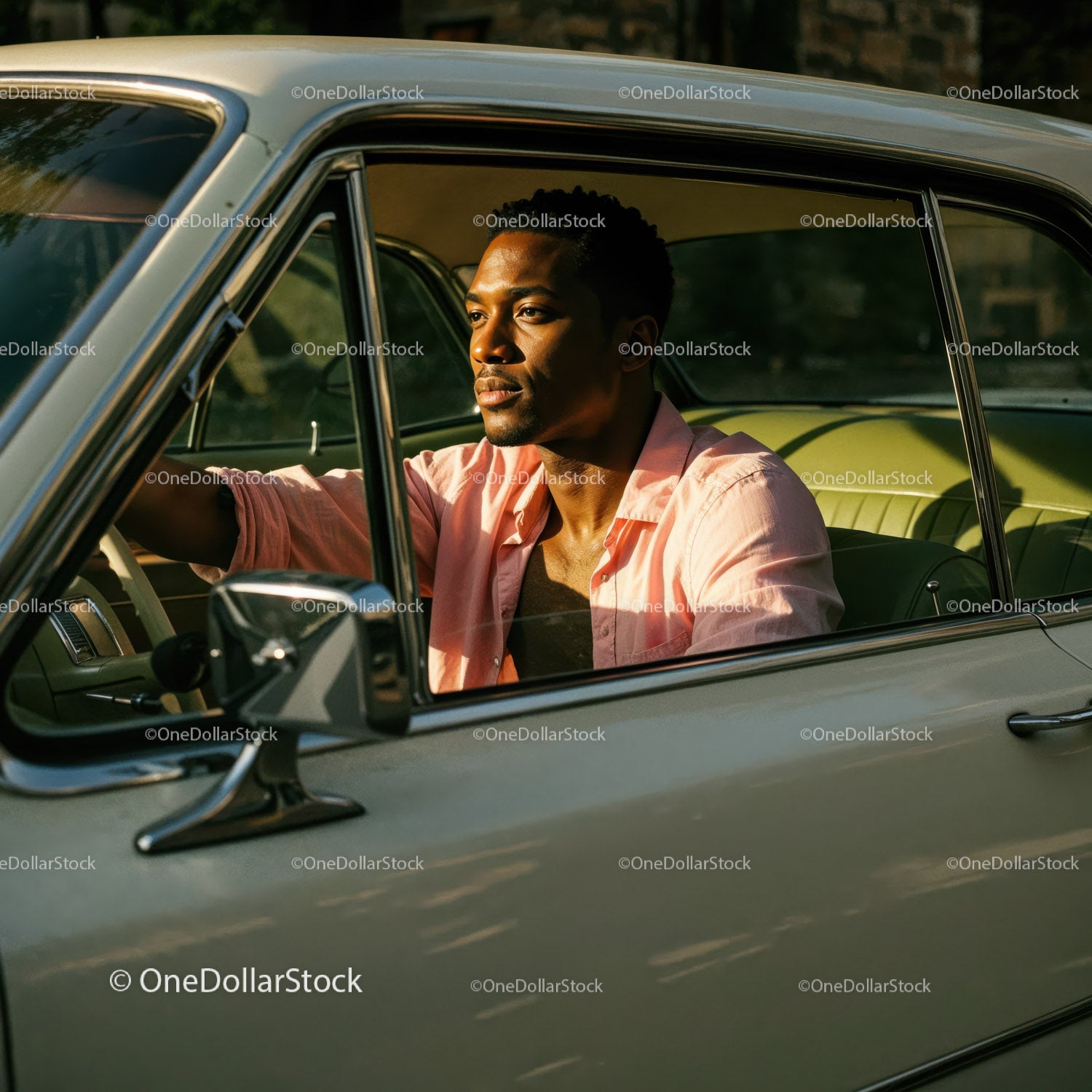 Contemplative Young Man Driving Vintage Car in Golden Hour Light