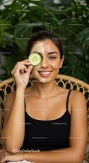 Young Woman with Facial Mask and Cucumber Slice in Tropical Spa Setting