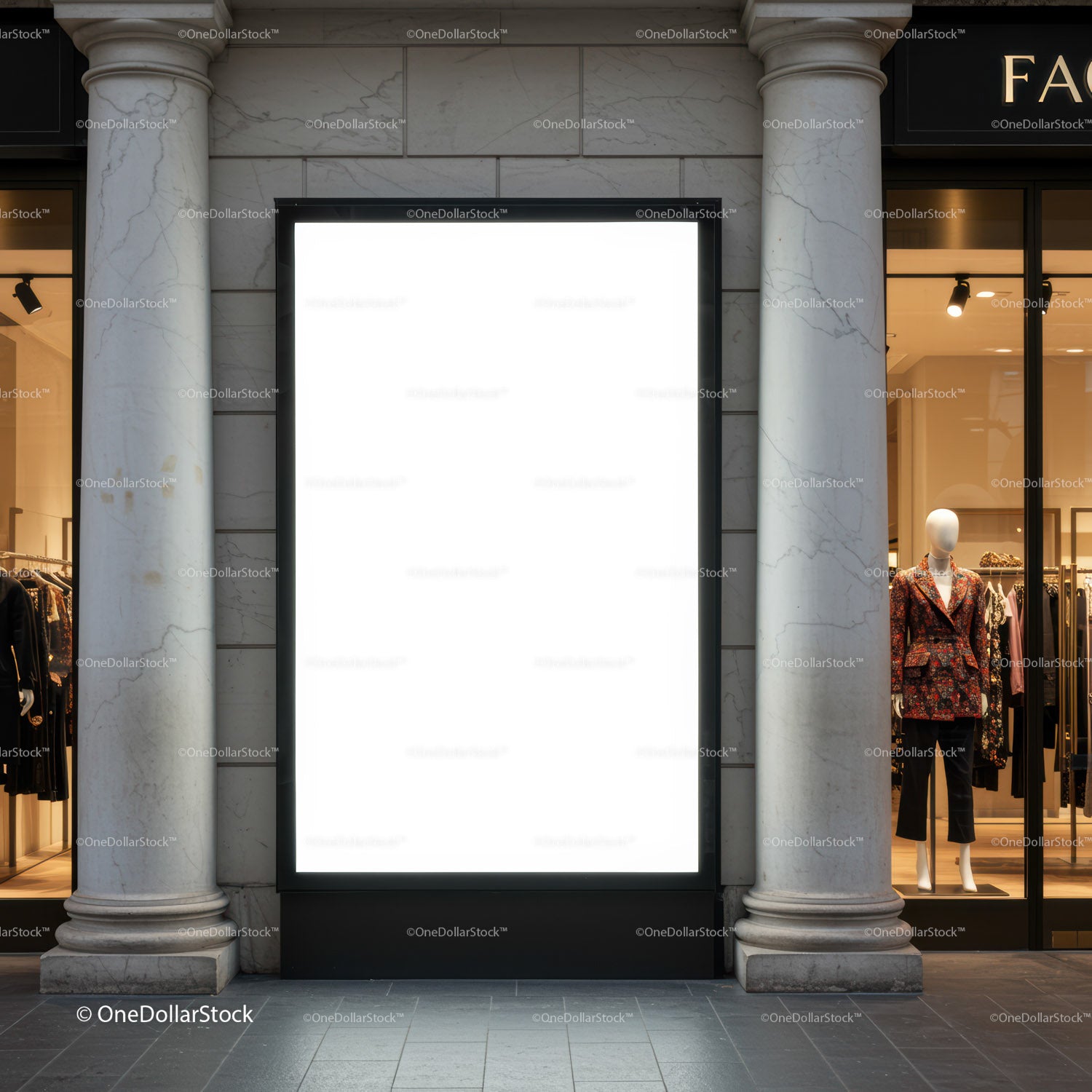 Blank vertical advertisement panel on urban marble facade