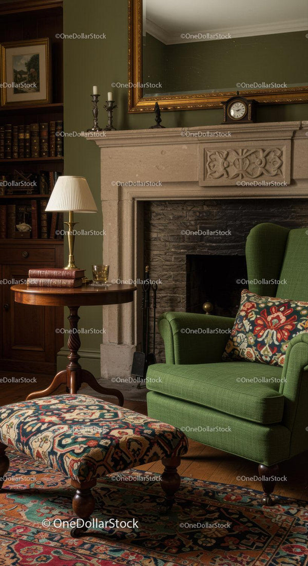 Cozy living room corner with vintage fireplace and armchair
