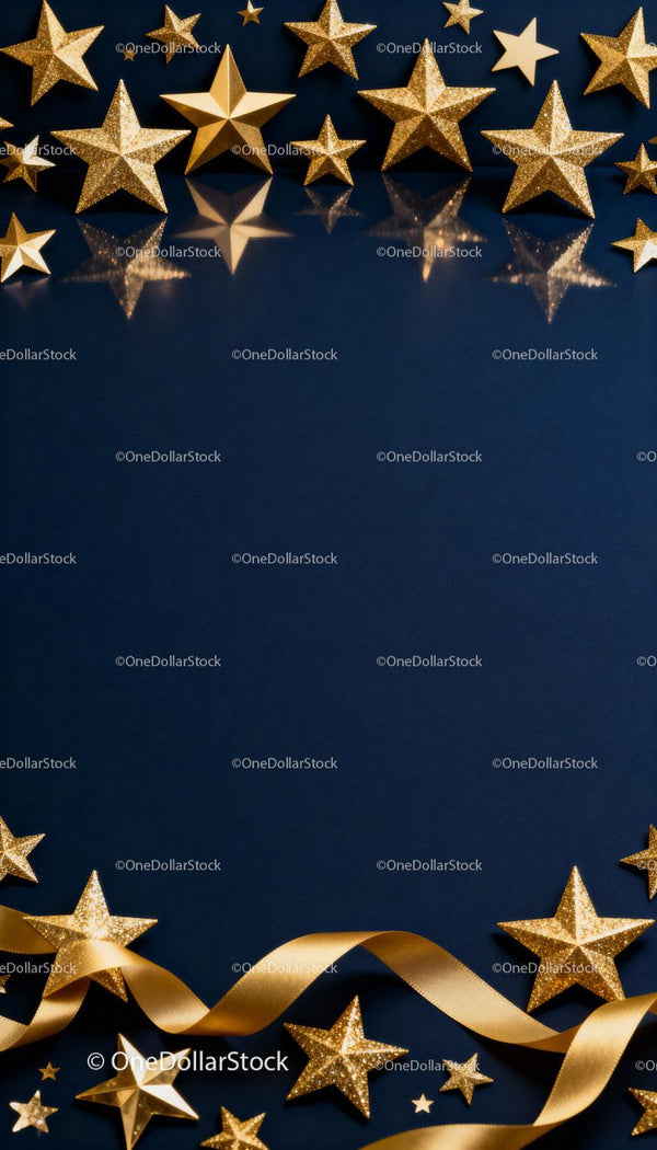 Golden stars and ribbon on dark blue background