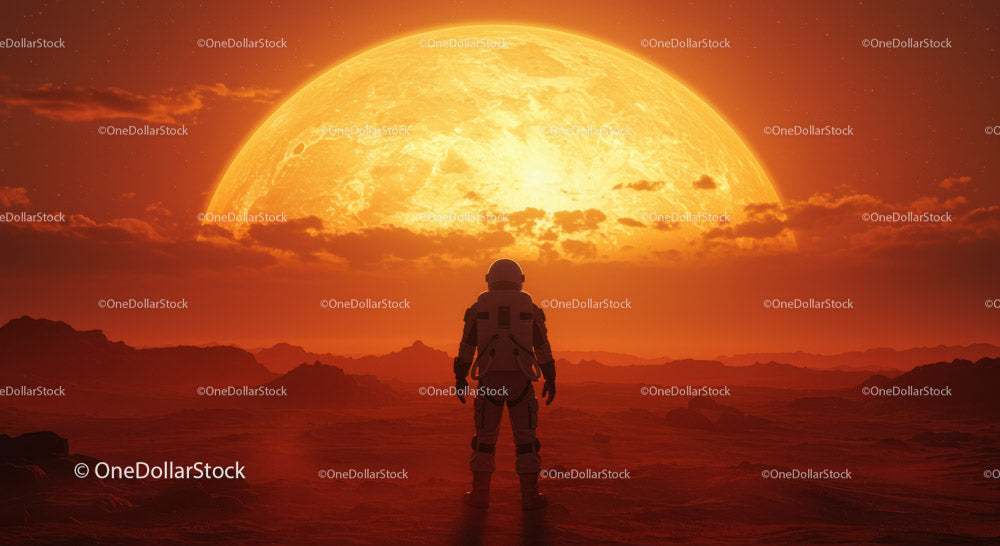 Astronauta stojący na obcej planecie z ogromnym słońcem w tle