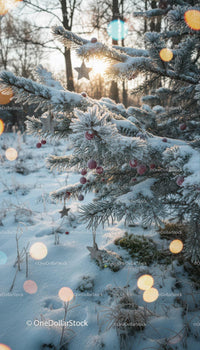 Snowy pine branches decorated with stars and red berries