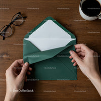 Hands opening a dark green envelope on wooden desk