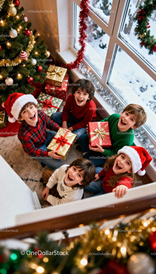 Joyful children celebrating Christmas with festive gifts