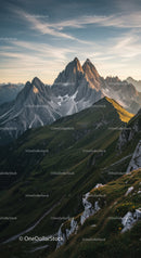 Majestic Mountain Range with Rugged Peaks and Green Slopes at Sunset