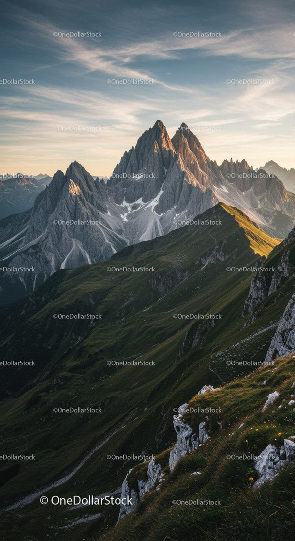Majestic Mountain Range with Rugged Peaks and Green Slopes at Sunset
