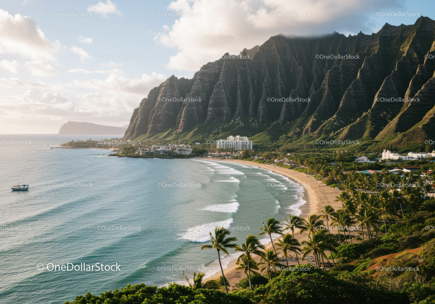 Beautiful Tropical Beach with Majestic Mountains and Palm Trees
