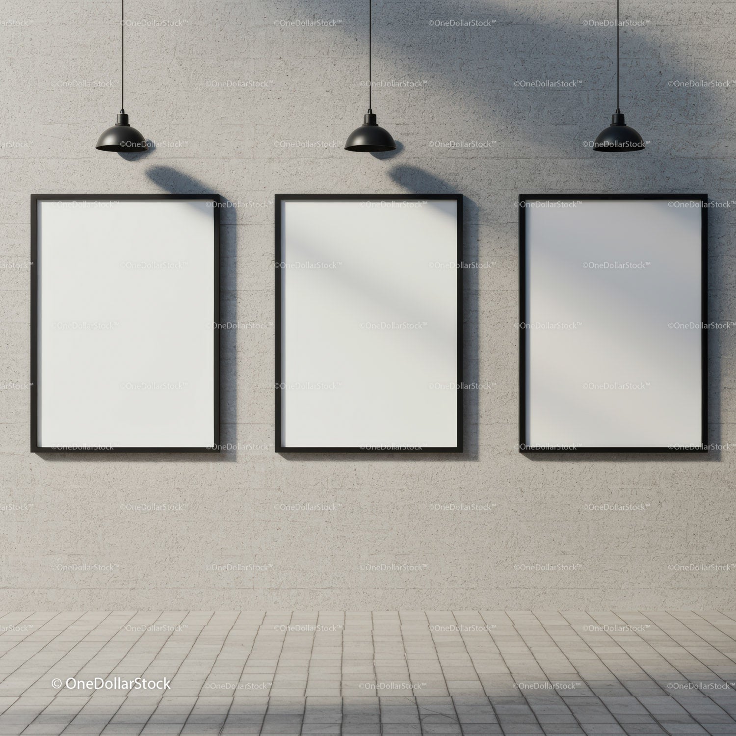 Three Blank Frames on Concrete Wall with Hanging Lamps