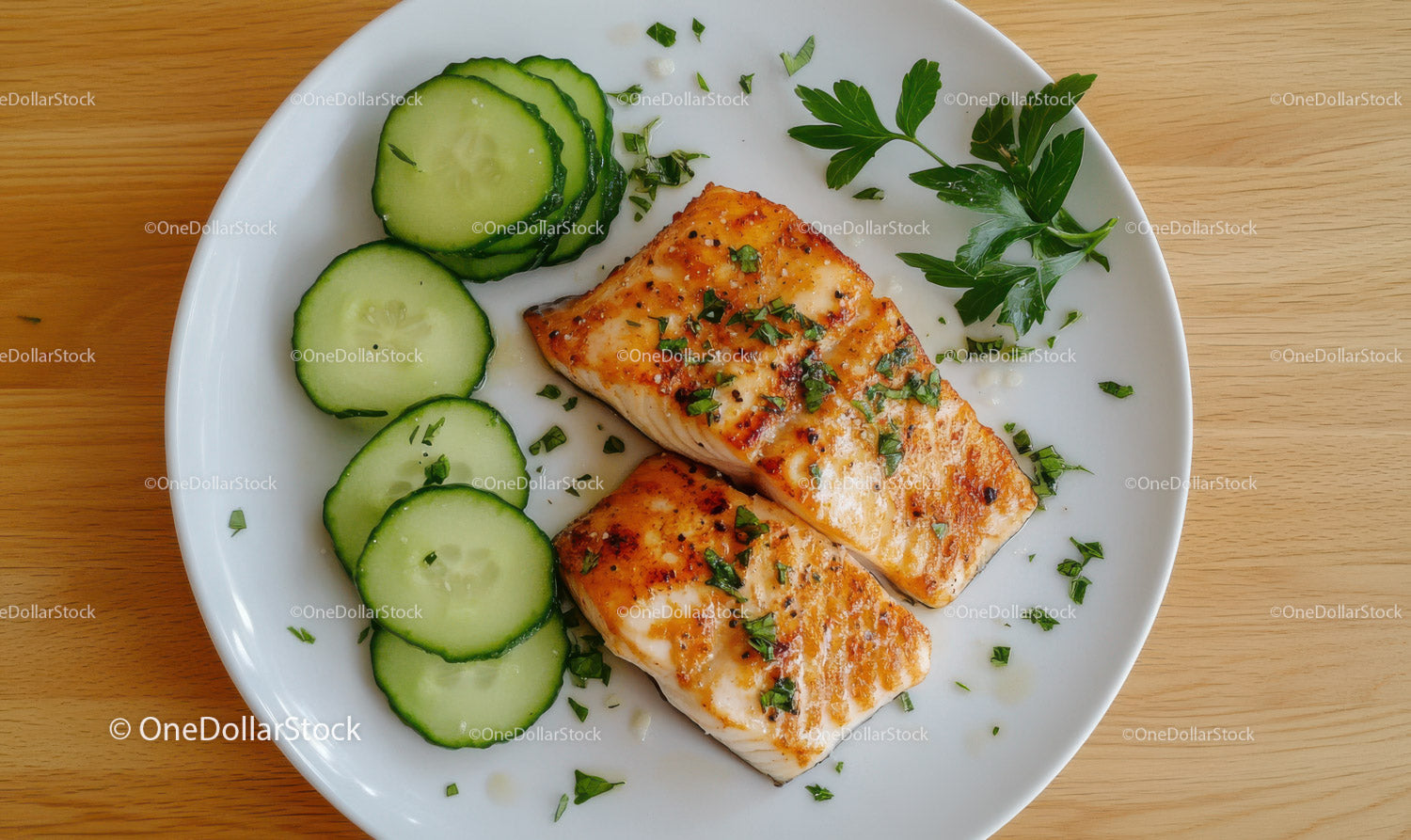 Grilled Salmon with Cucumber Slices and Fresh Parsley