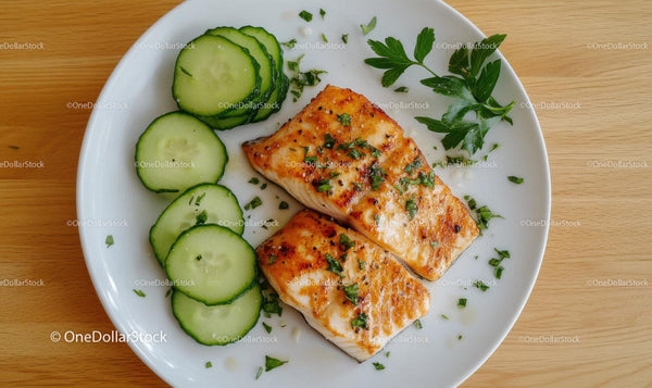 Grilled Salmon with Cucumber Slices and Fresh Parsley