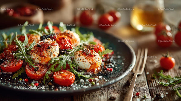 Gourmet Cherry Tomato and Fresh Cheese Salad with Arugula and Pomegranate