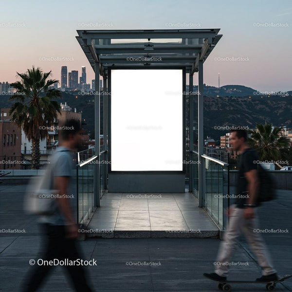 Urban evening scene with bright billboard and city skyline JPG Mockup Image