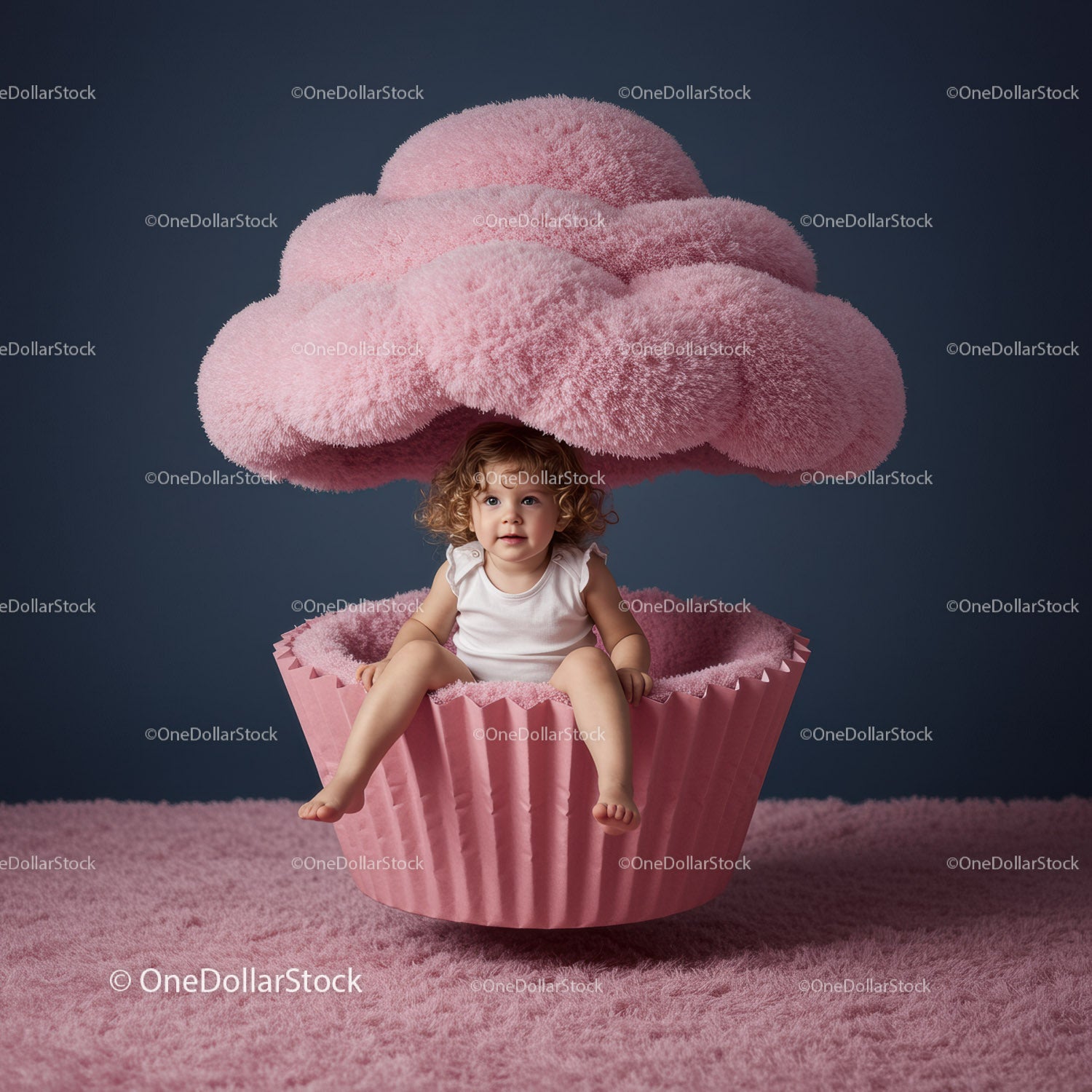 Toddler Sitting Inside Plush Pink Cupcake Prop