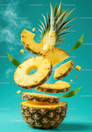 Fresh pineapple slices floating on vibrant turquoise background