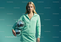 Young Woman in Mint Green Tracksuit Holding Disco Ball in Studio