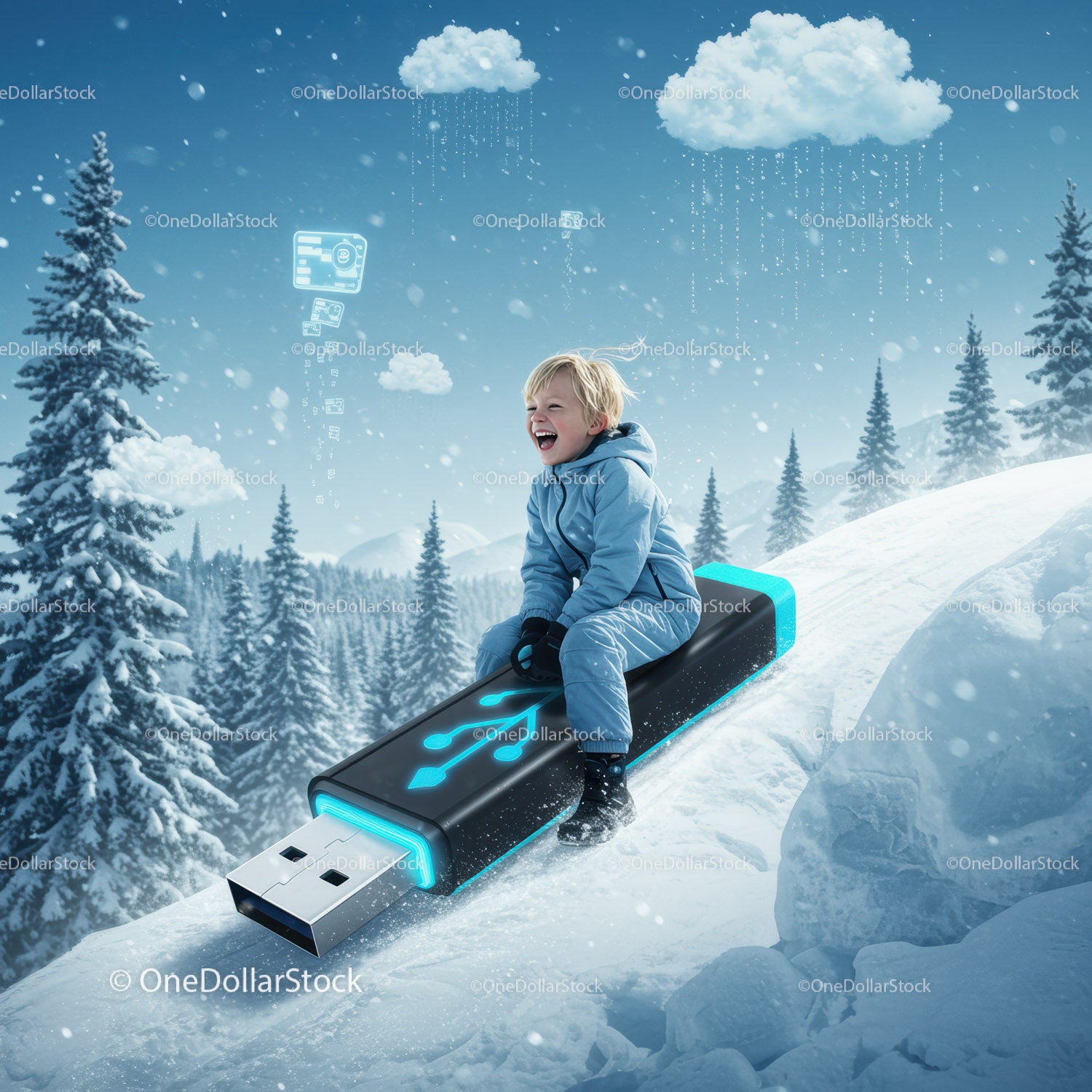 Joyful Boy Sliding Down Giant USB Drive in Snowy Winter
