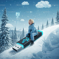 Joyful Boy Sliding Down Giant USB Drive in Snowy Winter