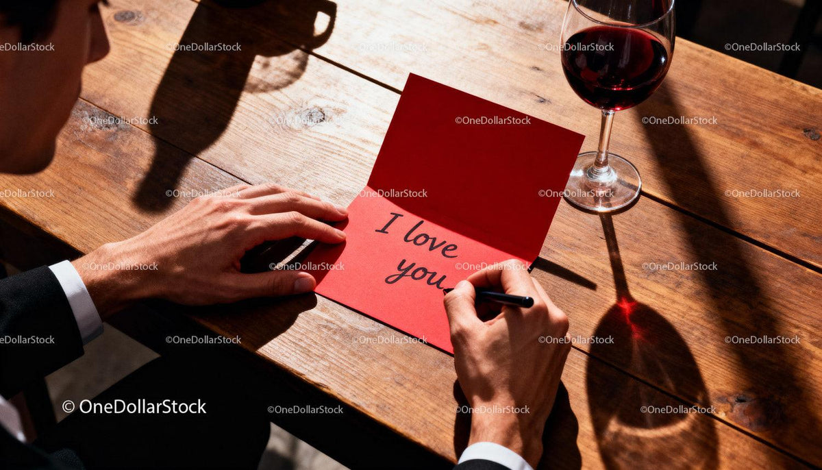 Man Writing Love Message on Red Card with Wine Glass
