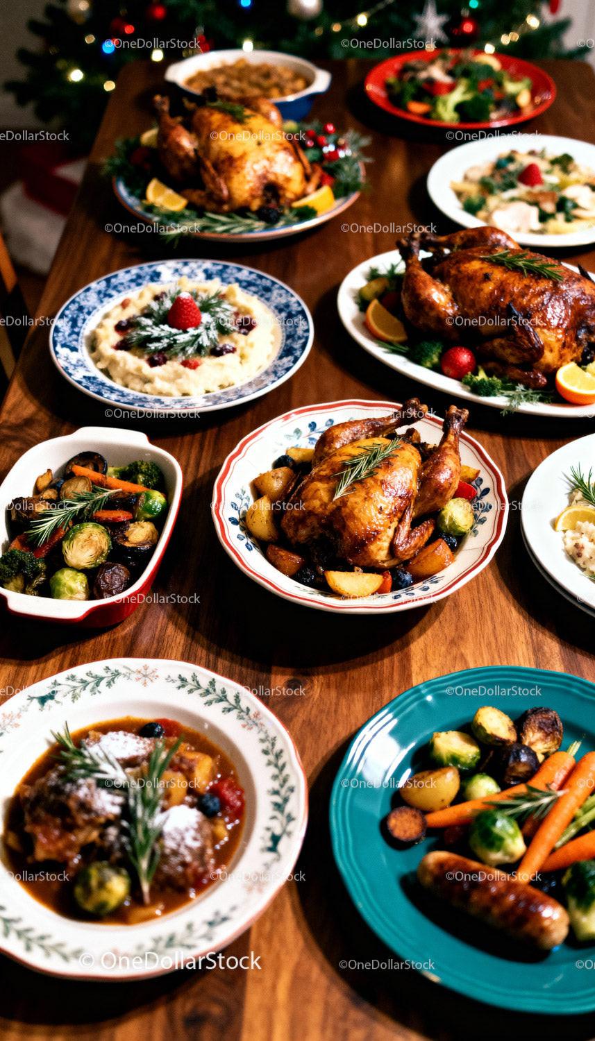 Festive roasted chicken dinner with seasonal sides