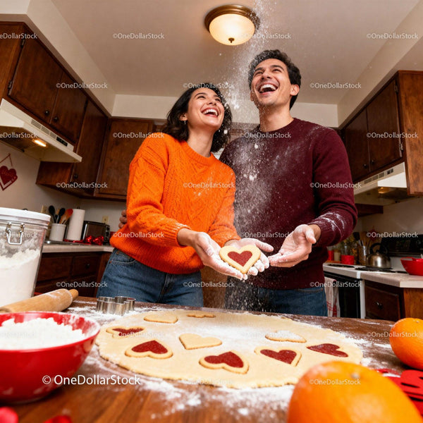 Couple Baking Heart-Shaped Cookies in Cozy Kitchen