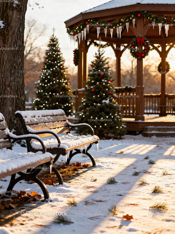 Snowy park benches and decorated gazebo in winter sunset