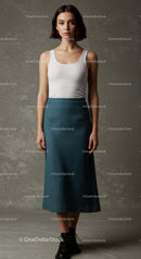Elegant Young Woman in White Tank Top and Teal Skirt Standing