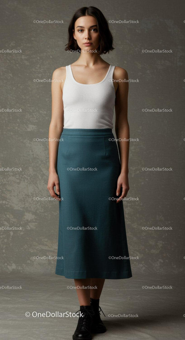Elegant Young Woman in White Tank Top and Teal Skirt Standing