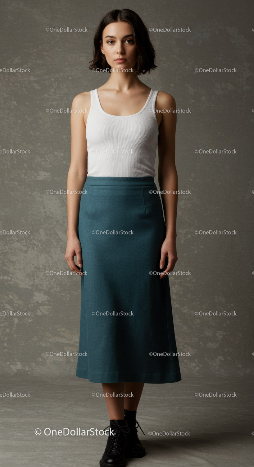 Elegant Young Woman in White Tank Top and Teal Skirt Standing