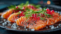 Fresh Sliced Smoked Salmon with Herbs and Sea Salt on Black Plate