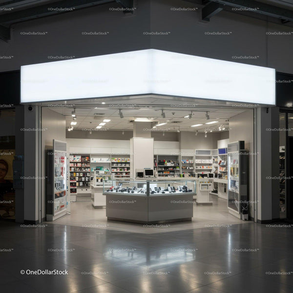 Modern electronics store with bright white interior lighting JPG Mockup Image