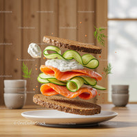 Fresh salmon and cucumber sandwich with creamy sauce