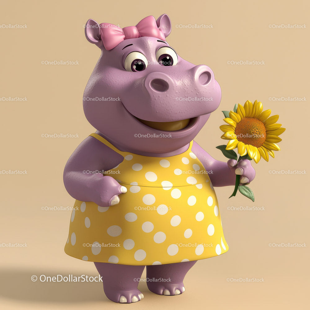 Cute Cartoon Hippo Holding Sunflower in Yellow Dress for Kids Illustration