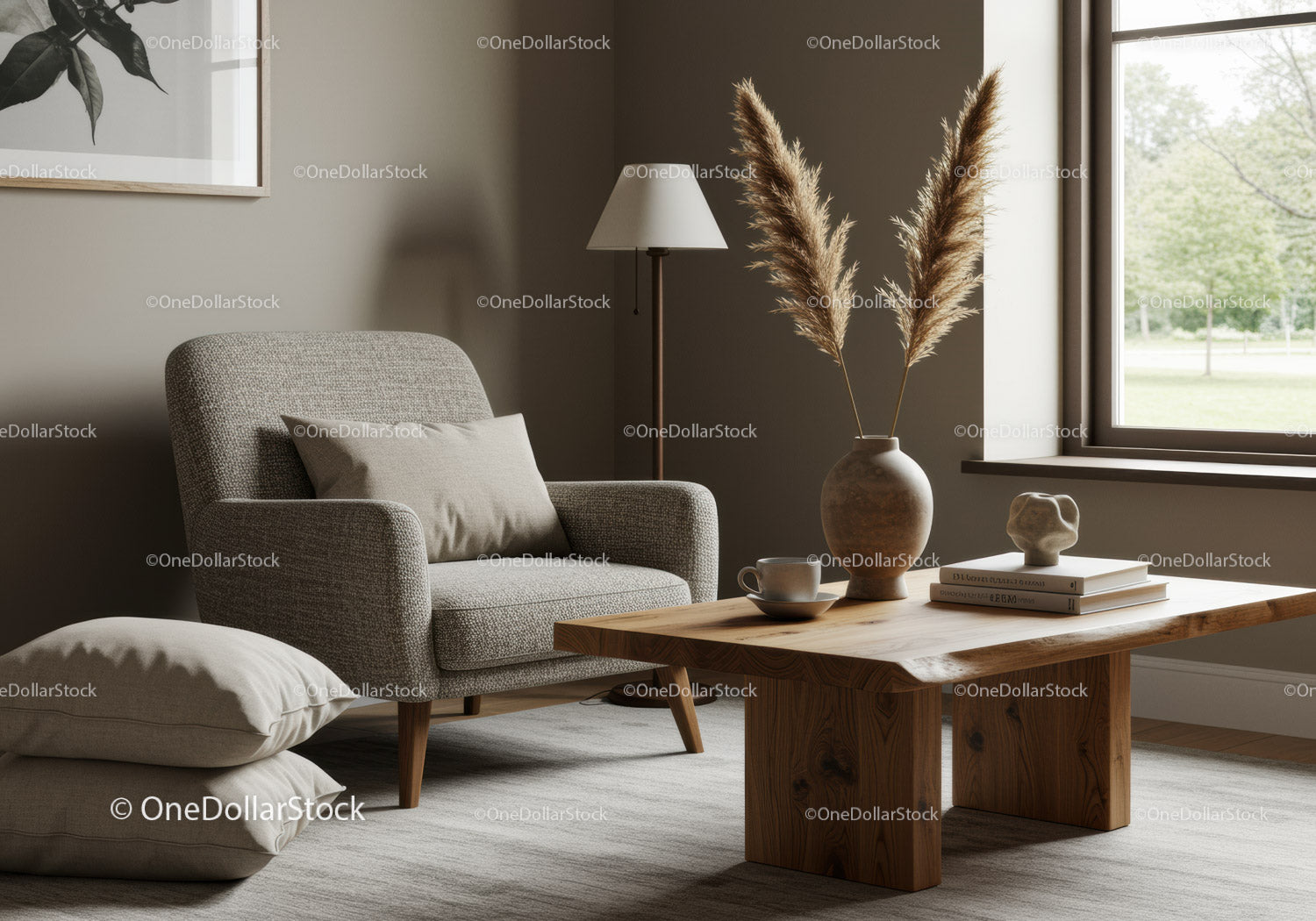 Cozy neutral living room with natural decor and armchair