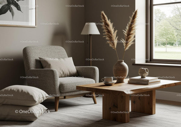 Cozy neutral living room with natural decor and armchair