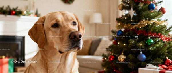 Spokojny labrador siedzący przy udekorowanej choince