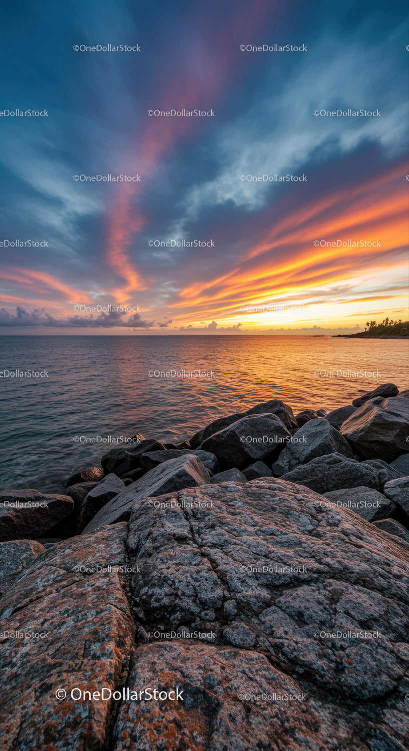 Vibrant Sunset Over Rocky Coastline with Colorful Cloudscape