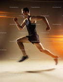 Athletic man sprinting powerfully on neutral background